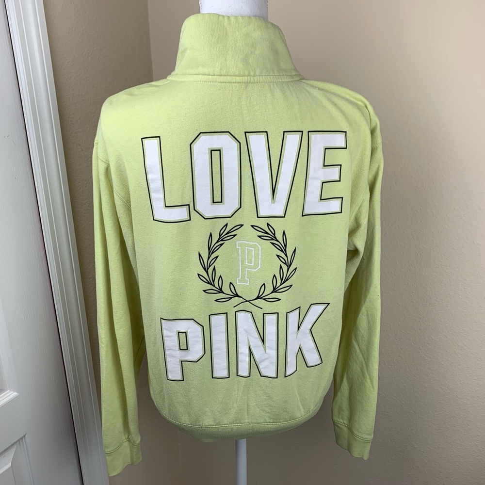 VS PINK Love Pink Back Detail Green Quarter Zip Pullover Sweatshirt - Picture 9 of 15